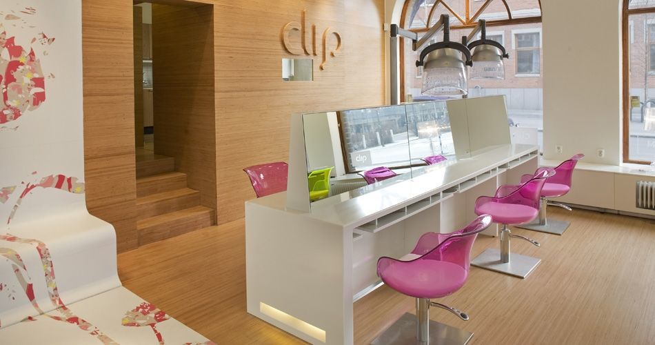 Plexwood® Clip hair salon concept with responsible beech surface cladding for floor, wall, logo and staircase