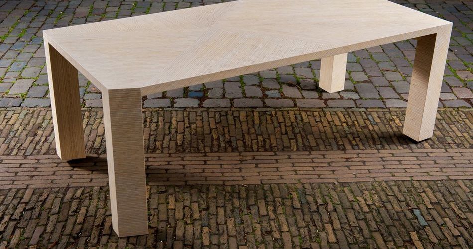 Plexwood® Saskia Dekker-Dorresteijn for Deuvel Design geometric table PER-PLEX with sliced solid deal plywood strips