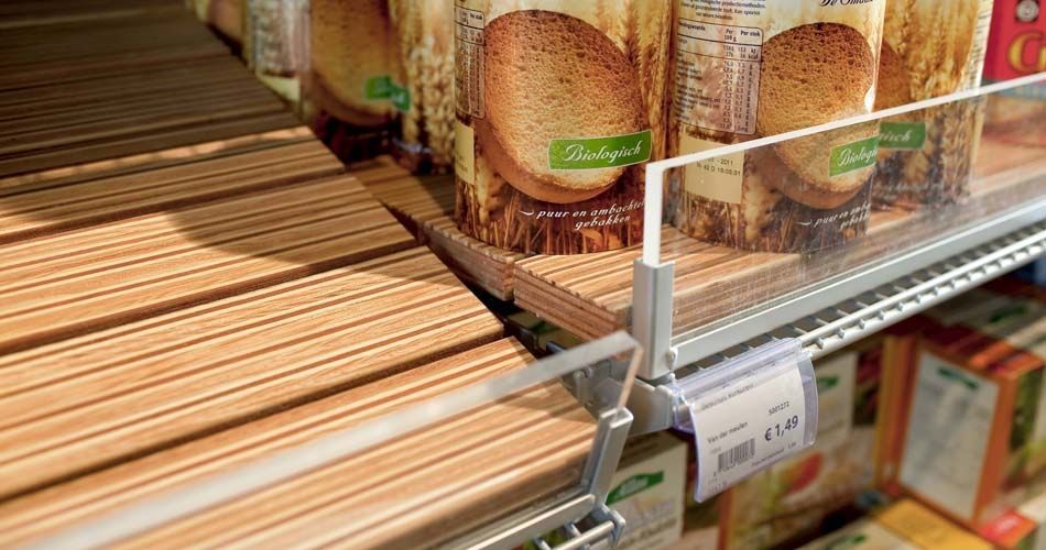 Plexwood® EkoPlaza organic supermarket concept food shelves in pine/ocoumé engineered end-grain plywood