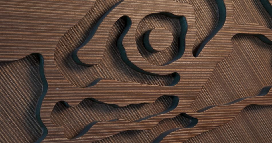 Plexwood® Annebel Noltes wooden cnc cut wall object from ocoumé reface plywood surface veneer and green mdf