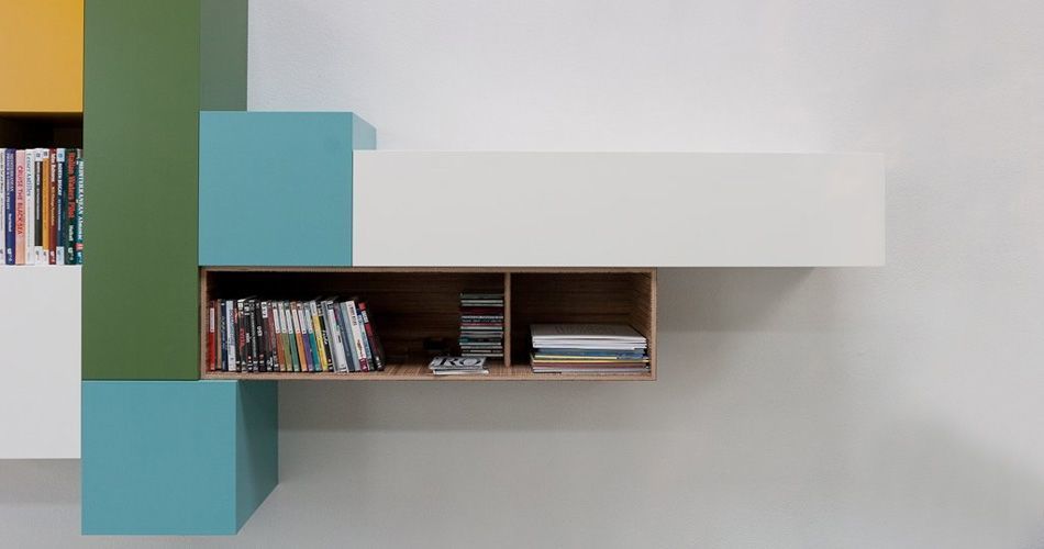 Plexwood® Kastwerk striking wall-hung office cabinet unit from stacked meranti plywood-end veneer panels