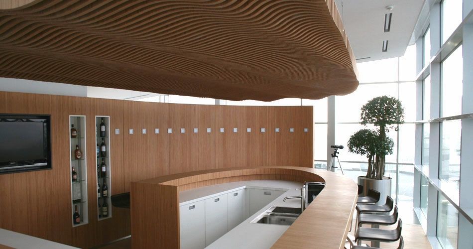 Plexwood® Koppert Machines & Zonen  chic architectural wooden kitchen bar, ceiling and curved wall in beech