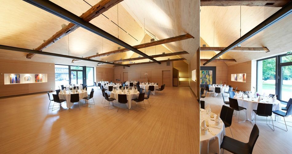 Plexwood® Kränholm Barn Knoops Park flexible event and dining hall interior in birch plywood on its side