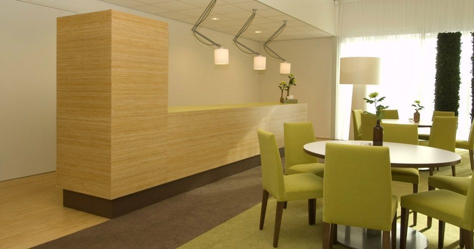 Plexwood® Kranenburg mortuary waiting room floor with reception storage cabinet in pine smart composite end-ply