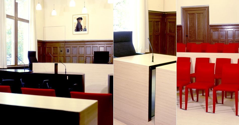 Plexwood® Nijmegen Court of Justice modern chic custom woodwork parquet flooring, wall partitioning, desks and bench