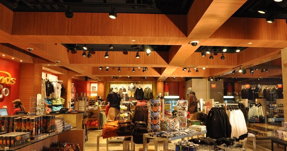 Plexwood® Sands Casino gift shop architectural woodwork tray ceiling in ocoumé inverse plywood veneer paneling
