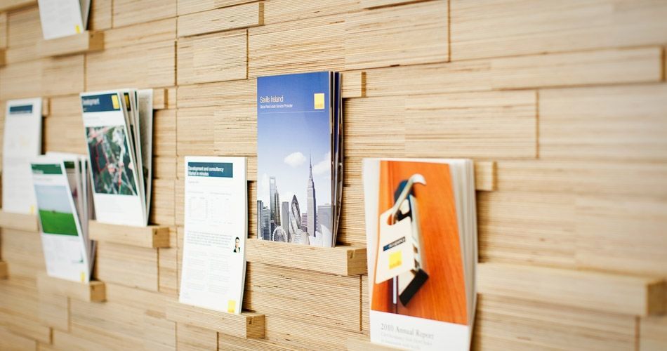 Plexwood® Savills HQ brochure wall detail in birch turned around plywood edges