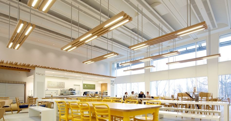 Plexwood® Co-op Group headquarters canteen ceiling lights in oak comprised plywood surface veneer