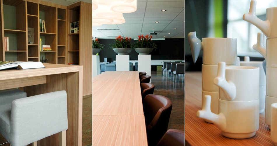 Plexwood® Tree Nursery Van den Berk multifunctional lobby with high reading tables, bookcases and furniture on casters