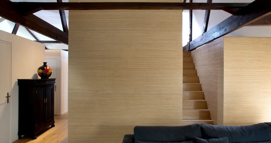 Plexwood® Villa Polder private residence sustainable design woodwork central house unit with integrated stairs in pine/ocoumé