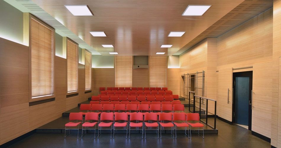 Plexwood® WBG Erfurt natural conference hall interior wellness application with beech from well managed forests