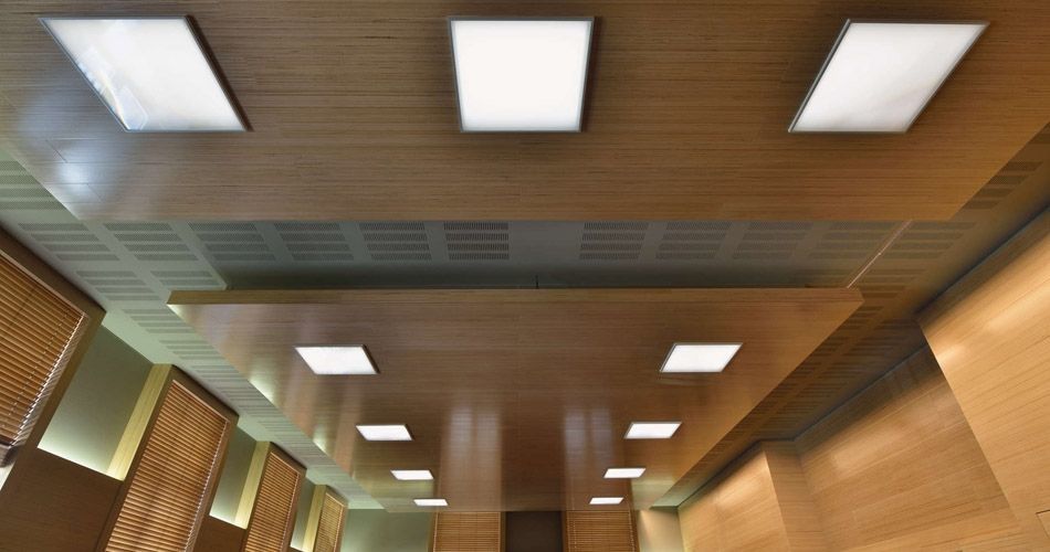 Plexwood® WBG Erfurt beech ceiling islands from beech cross-banded beech veneer wood with integrated lights
